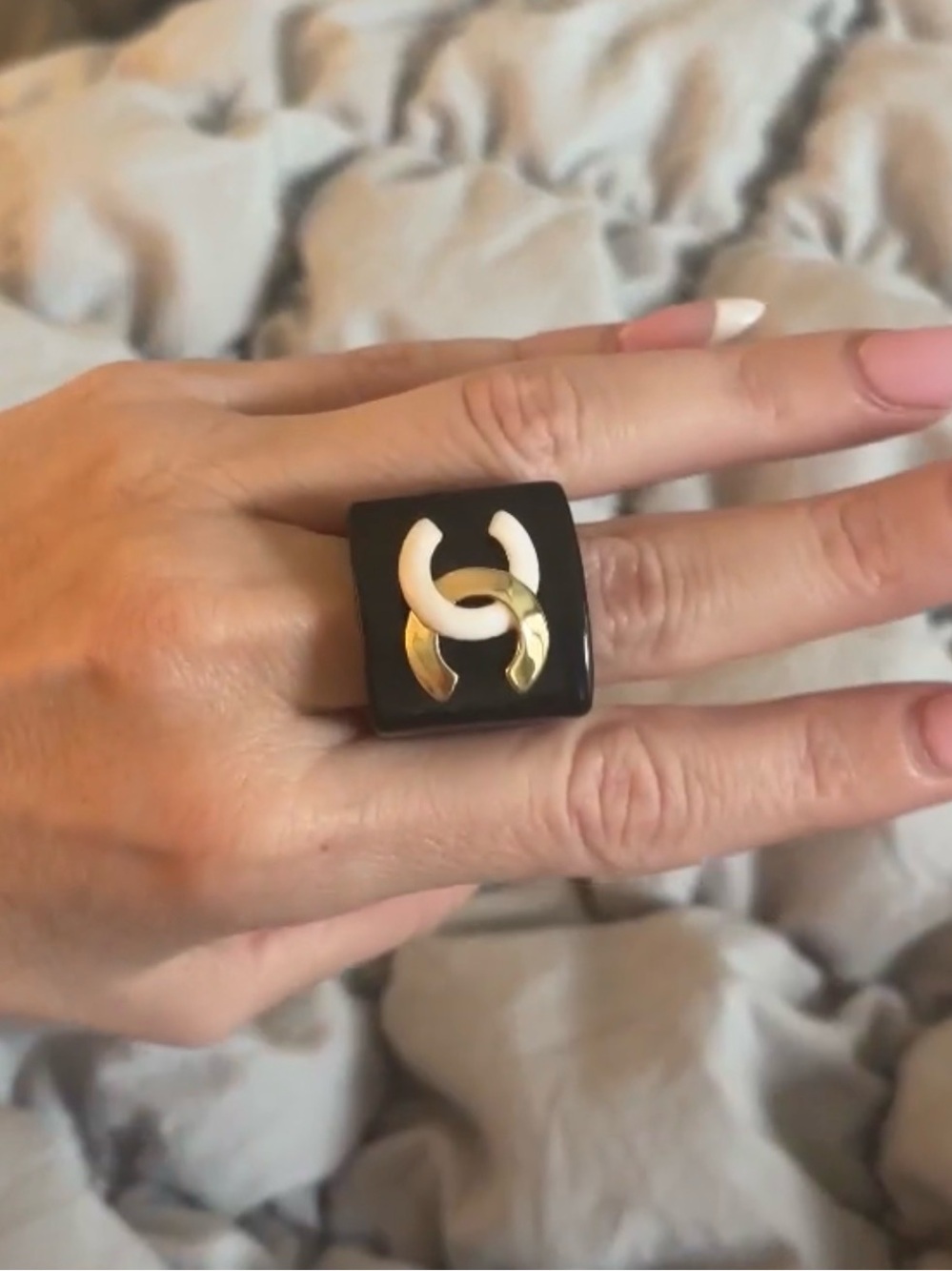 CHANEL Black White & Gold Square Logo Statement Ring